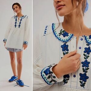 Free People, More To Come Embroidered Mini Dress In White With Blue Flowers